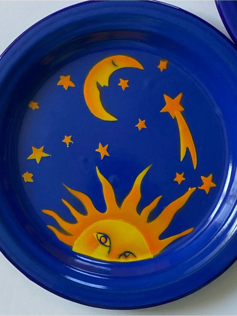 Vintage Kockums Sweden Enamelware 2 Plates Celestial Sun Noon Stars 8.75” Blue